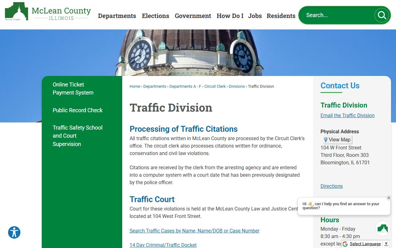 McLean County Traffic Division for Bloomington traffic ticket records