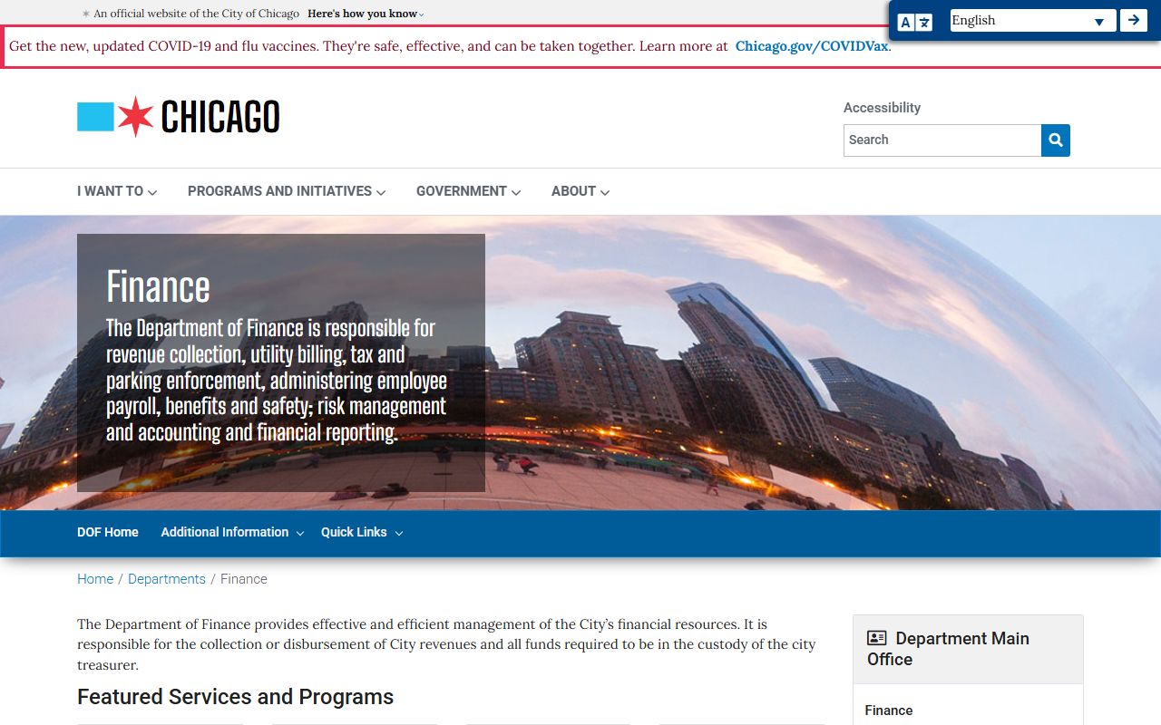 Chicago Department of Finance main page for traffic ticket records