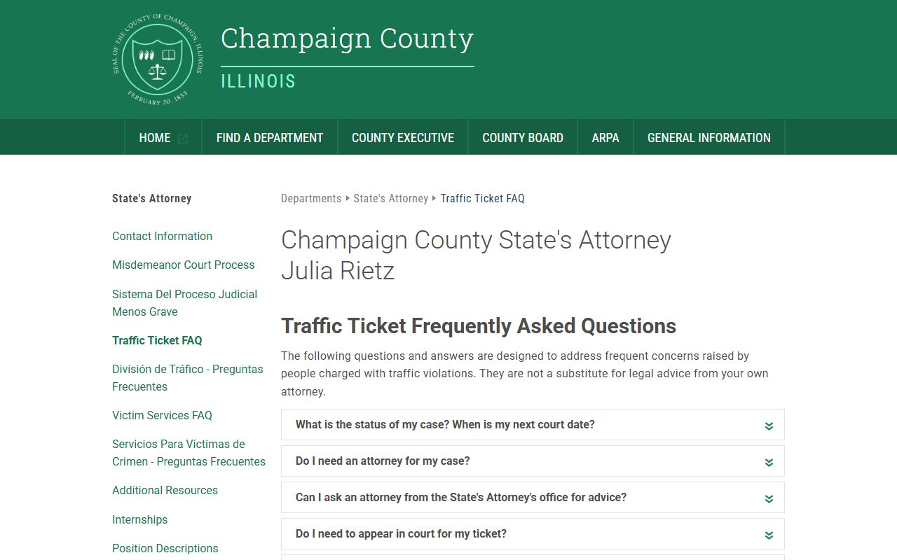 Champaign County State Attorney traffic FAQ page for traffic ticket records