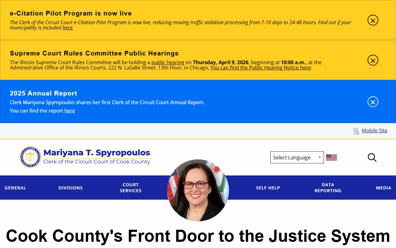 Cook County Clerk of the Circuit Court homepage for traffic ticket records