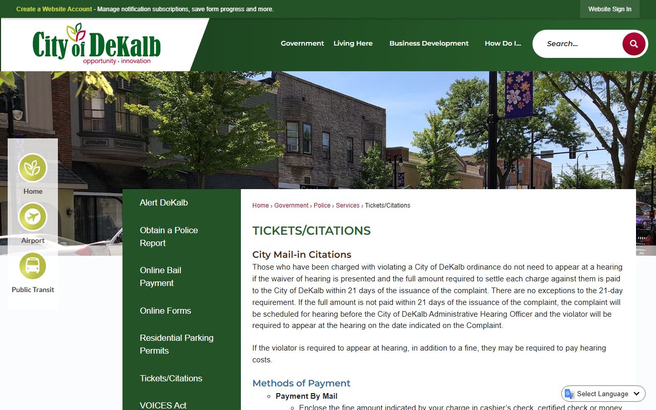 City of DeKalb tickets and citations page for traffic ticket records